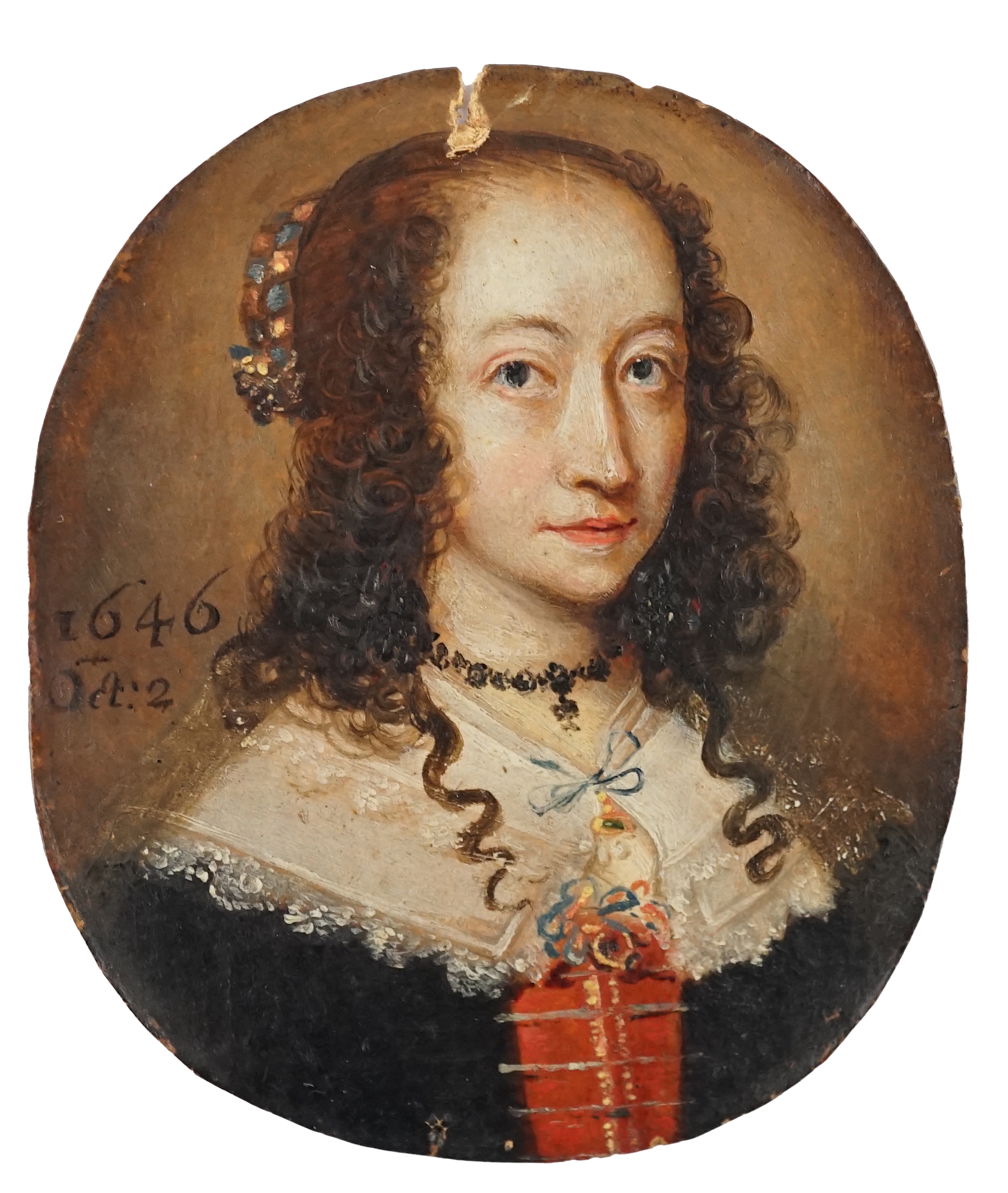 English School circa 1646, Portrait miniature of a noblewoman, oil on card, 6 x 5.1cm.